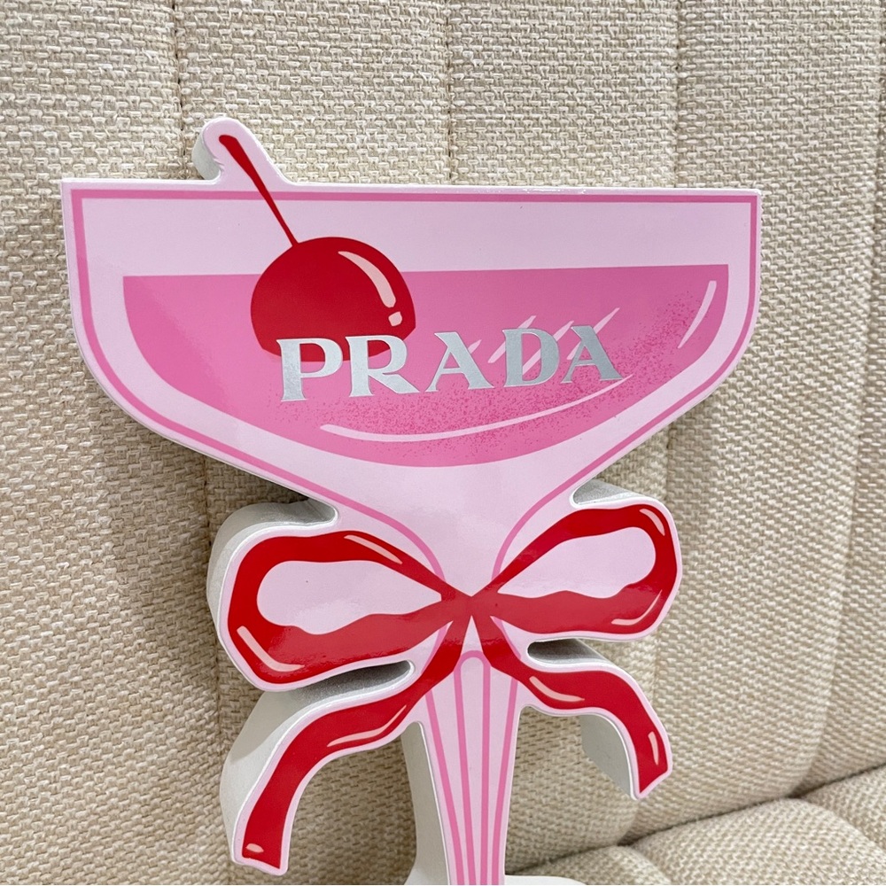 NEW Prada Pink Cocktail Glass Boutique Display Block Red Bow Cherry‎ Decor - Picture 2 of 4